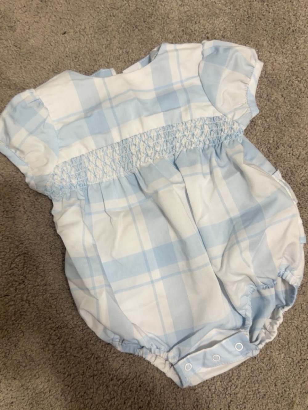 Ruffle Butts Light Blue and White Plaid Smocked Baby One-Piece